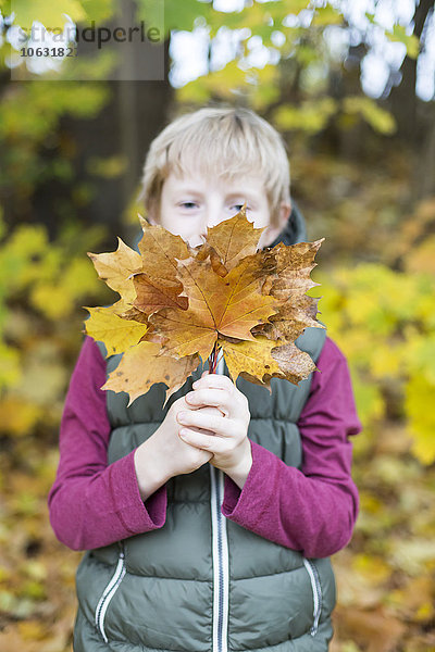 Junge mit einem Haufen Herbstblätter