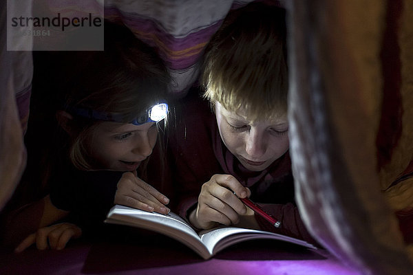 Bruder und Schwester lesen Buch unter einer Decke