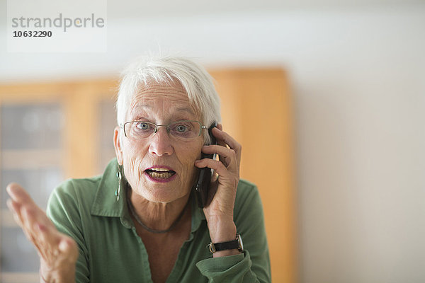 Porträt der weißhaarigen Seniorin beim Telefonieren zu Hause