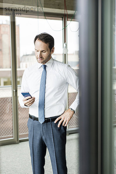 Porträt eines Geschäftsmannes mit Blick auf sein Smartphone