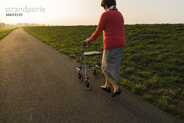Ältere Frau  die mit einem Rollator auf einem Weg geht.
