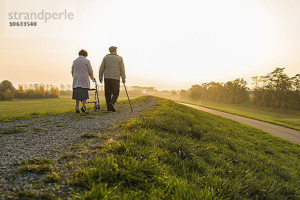 Seniorenpaar mit Spazierstock und Radwanderer in der Natur