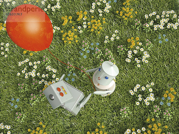 Männlicher und weiblicher Roboter stehend mit Ballon auf Blumenwiese  3D-Rendering