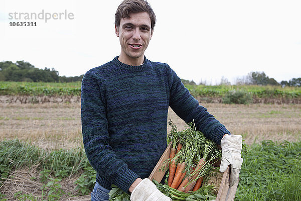 Mann mit geernteten Karotten auf dem Feld  Portrait