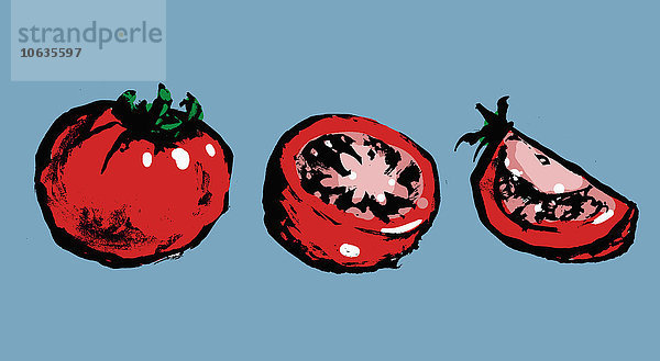 Illustration von ganzen und geschnittenen Tomaten auf blauem Hintergrund