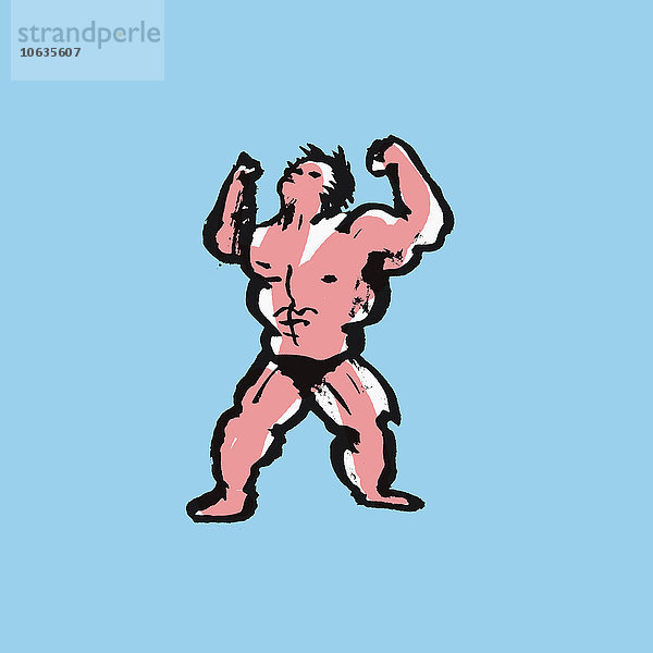 Abbildung eines Mannes  der seine Muskeln vor blauem Hintergrund beugt.