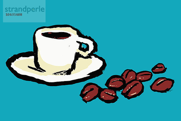 Illustration von Kaffeetasse und Bohnen vor blauem Hintergrund