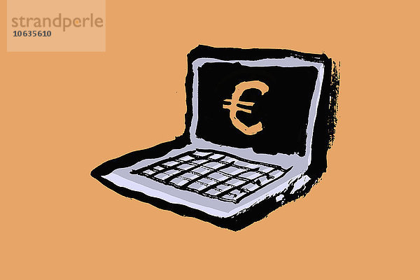 Abbildung des Laptops mit Eurozeichen vor orangem Hintergrund