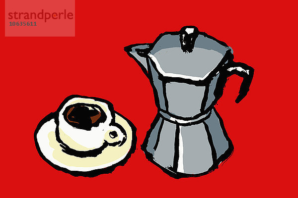 Illustration von Espressomaschine und Tasse auf rotem Hintergrund