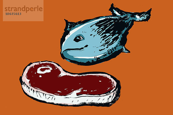 Darstellung von Fisch und Fleisch vor orangenem Hintergrund