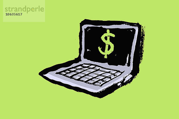Abbildung des Laptops mit Dollarzeichen vor grünem Hintergrund