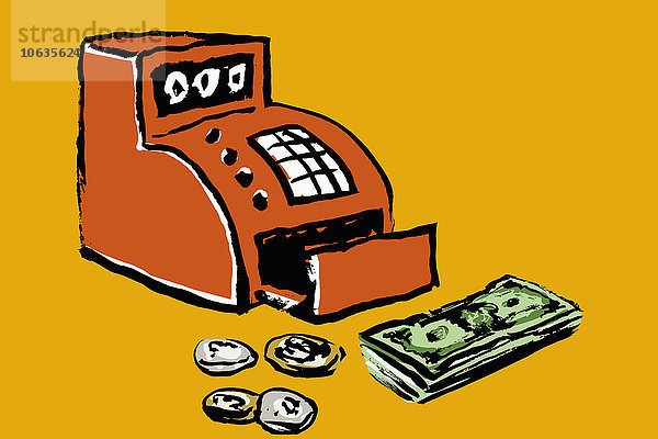 Abbildung von Kasse und Geld auf gelbem Hintergrund