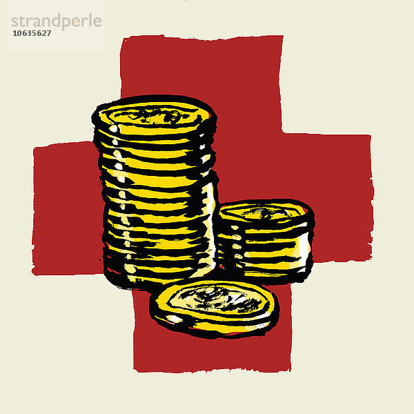 Abbildung gestapelter Münzen gegen das Internationale Rote Kreuz