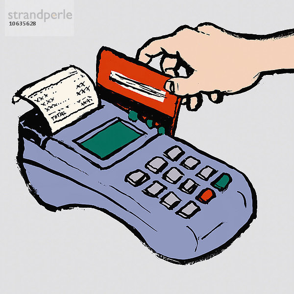 Abbildung der handgezogenen Kreditkarte im Lesegerät vor grauem Hintergrund