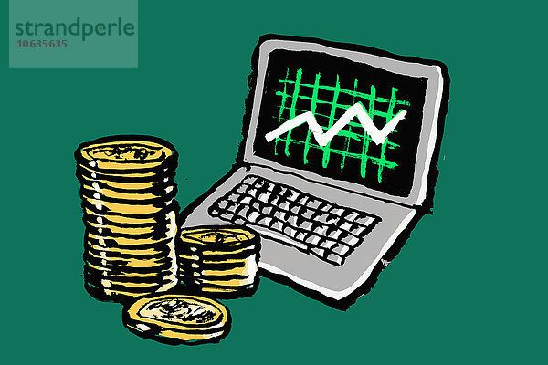 Abbildung des Laptops mit Fortschrittsgrafik und gestapelten Münzen vor grünem Hintergrund