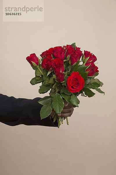Abgeschnittene Hand mit Rosen vor farbigem Hintergrund