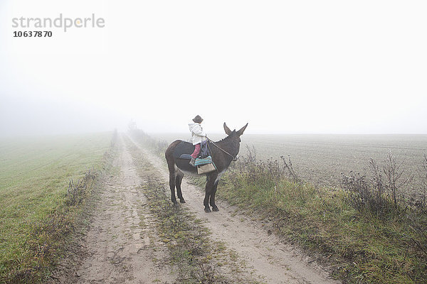 Mädchen beim Eselreiten auf Feldweg bei Nebelwetter