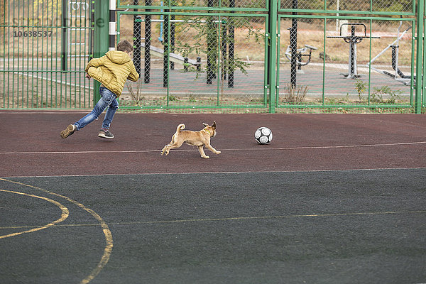 Junge und Hund spielen Fußball auf dem Spielplatz