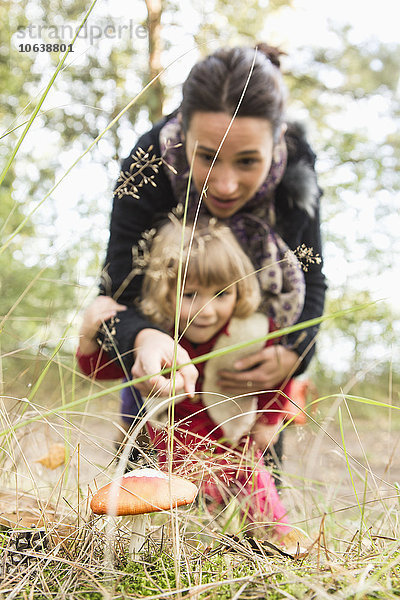 Mutter zeigt Pilz an Tochter auf dem Feld