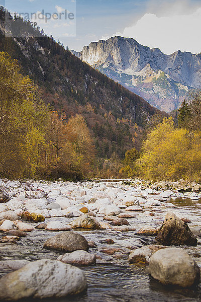 Steine am Fluss gegen felsige Berge im Herbst