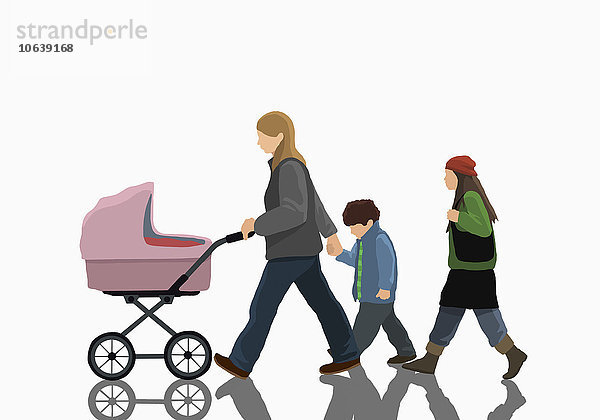 Illustratives Bild einer Frau mit zwei Kindern und Kinderwagen auf weißem Hintergrund