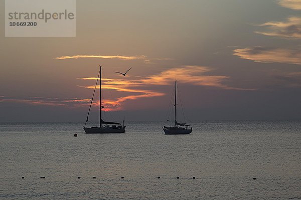 Zwei Segelboote im Abendrot auf dem Meer  Insel Giglio  Toscana  Italien  Europa