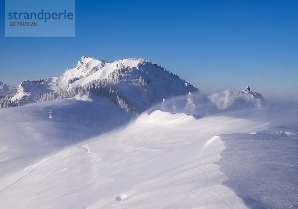 Wind  Schneeverwehung auf Brauneck Gipfel  hinten Latschenkopf und Stangeneck  Lenggries  Isarwinkel  Bayerische Voralpen  Oberbayern  Bayern  Deutschland  Europa