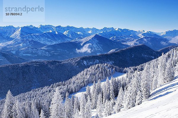 Verschneiter Berghang am Brauneck bei Lenggries  Isarwinkel  hinten das Karwendelgebirge  Bayerische Voralpen  Oberbayern  Bayern  Deutschland  Europa