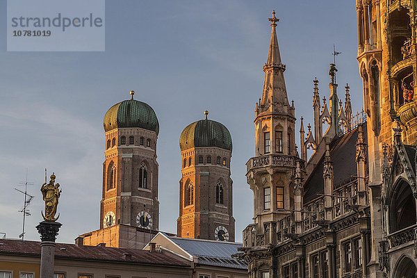 Türme der Frauenkirche  vorne Neues Rathaus und Mariensäule  München  Bayern  Deutschland  Europa