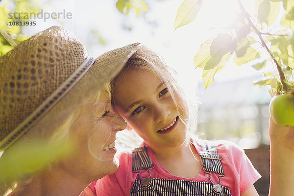 Portrait lächelnde Enkelin mit Großmutter im sonnigen Garten