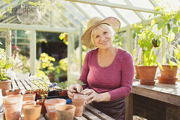 Portrait lächelnde Seniorin Topfpflanzen im Gewächshaus