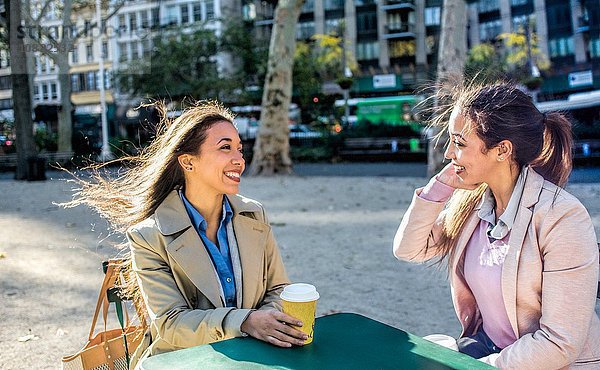 Junge erwachsene weibliche Zwillinge beim Kaffeetrinken im Stadtpark