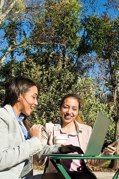 Junge erwachsene weibliche Zwillinge beim Tippen auf dem Laptop im Stadtpark