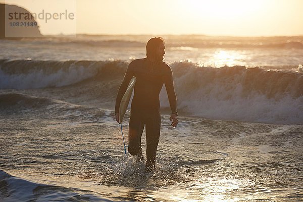 Silhouette eines jungen  männlichen Surfers mit Surfbrett im Meer  Devon  England  UK