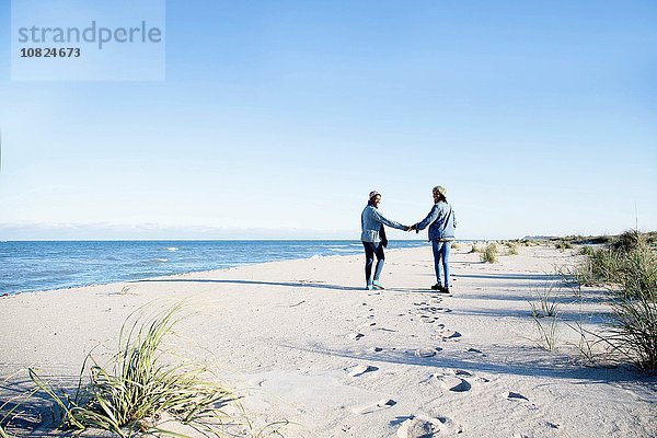 Zwei junge Frauen  die am Strand entlanggehen  Händchen haltend  Rückansicht