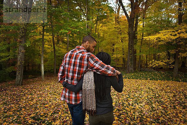 Rückansicht des mittleren erwachsenen Paares beim Spaziergang im Herbstwald