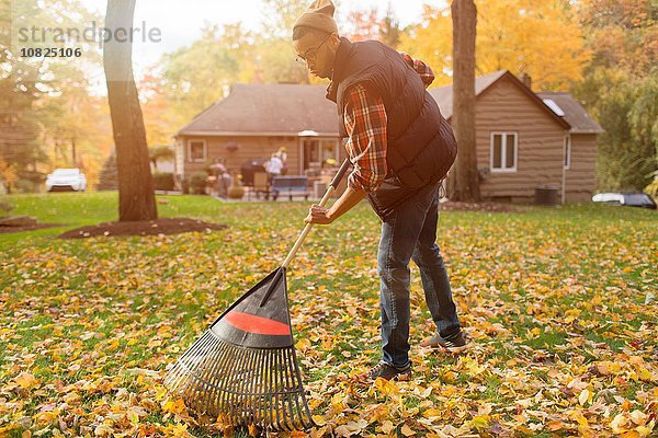 Mittlerer erwachsener Mann  der im Herbst den Garten harkt