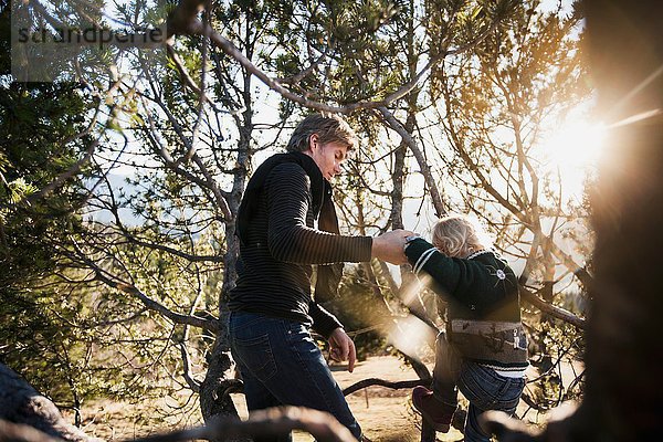 Erwachsener Mann hilft Kleinkind Tochter auf Waldbaum klettern