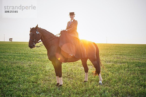 Portrait von Dressurpferd und Reiterausbildung im Gelände bei Sonnenuntergang