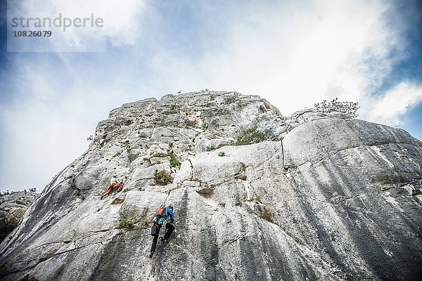 Flachwinkel-Rückansicht des Kletterers beim Bergsteigen  Ogliastra  Sardinien  Italien