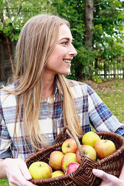 Mittlere erwachsene Frau hält einen Korb mit einheimischen Äpfeln.