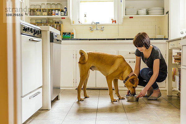 Kaukasische Frau füttert Hund in der Küche