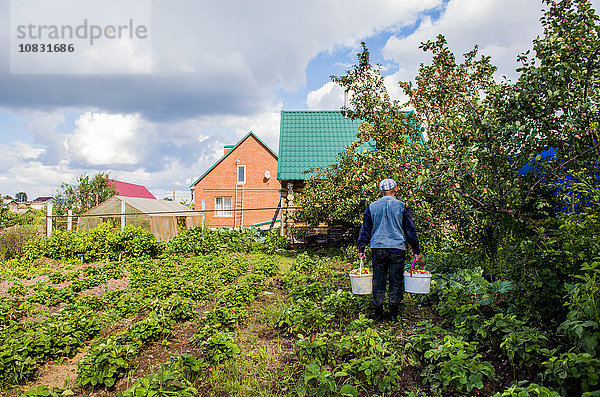 Kaukasischer Bauer arbeitet im Garten