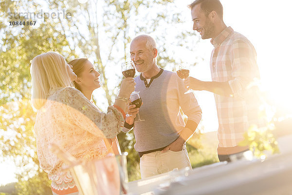 Seniorenpaar und erwachsene Kinder beim Weintrinken auf der Sonnenterrasse