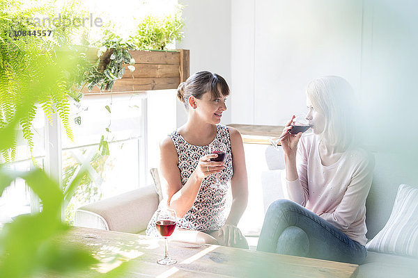 Frauen trinken Wein und reden auf dem Cafe-Sofa