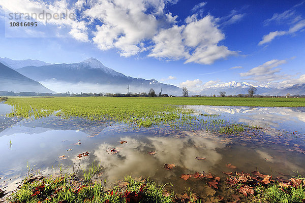 Das Naturschutzgebiet von Pian di Spagna mit dem sich im Wasser spiegelnden Berg Legnone  Valtellina  Lombardei  Italien  Europa