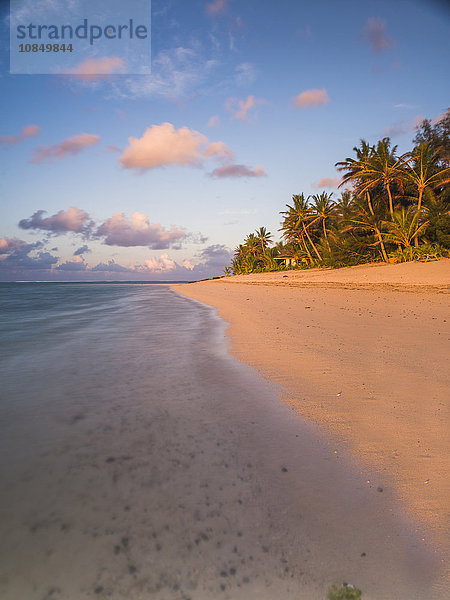 Tropischer Strand mit Palmen bei Sonnenaufgang  Rarotonga  Cookinseln  Südpazifik  Pazifik