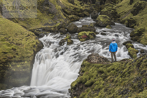 Tourist an einem Wasserfall auf dem Wanderweg oberhalb des Skogafoss-Wasserfalls  Skogar  Südregion (Sudurland)  Island  Polarregionen
