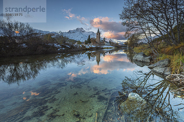Die Morgendämmerung beleuchtet die schneebedeckten Gipfel und den Glockenturm  der sich im Silsersee spiegelt  Engadin  Kanton Graubünden  Schweiz  Europa