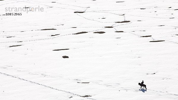 Ein einsamer Reiter in den gefrorenen Steppen der Mongolei  Zentralasien  Asien